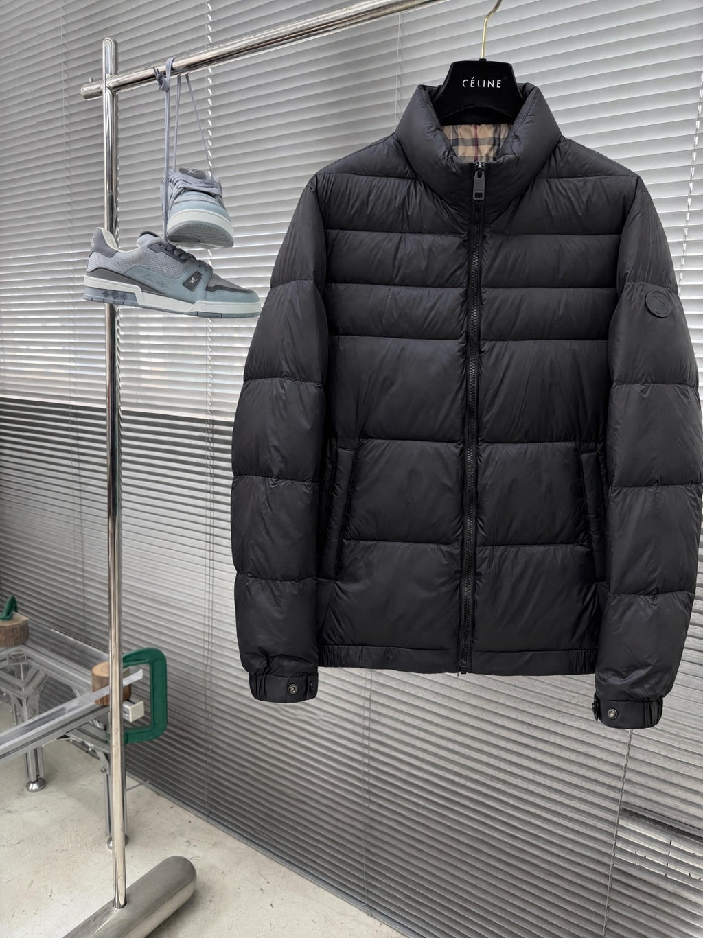 Black Stand-Collar Puffer Jacket | Check-Lined Detail & Everyday Style