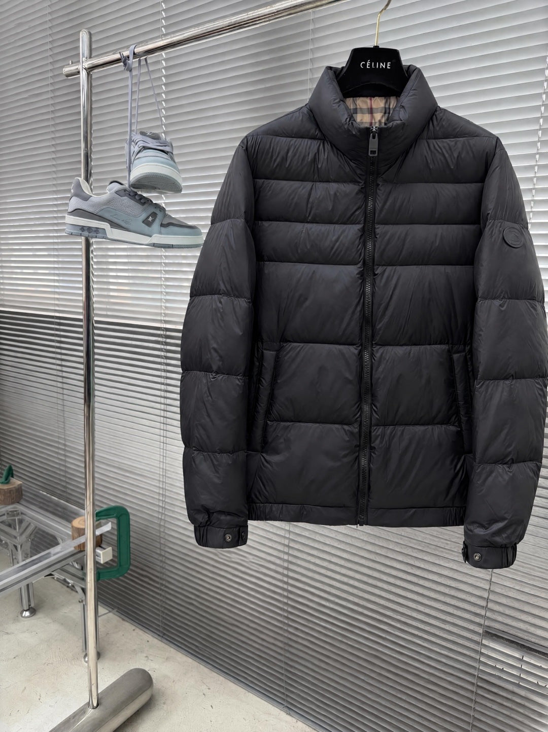 Black Stand-Collar Puffer Jacket | Check-Lined Detail & Everyday Style